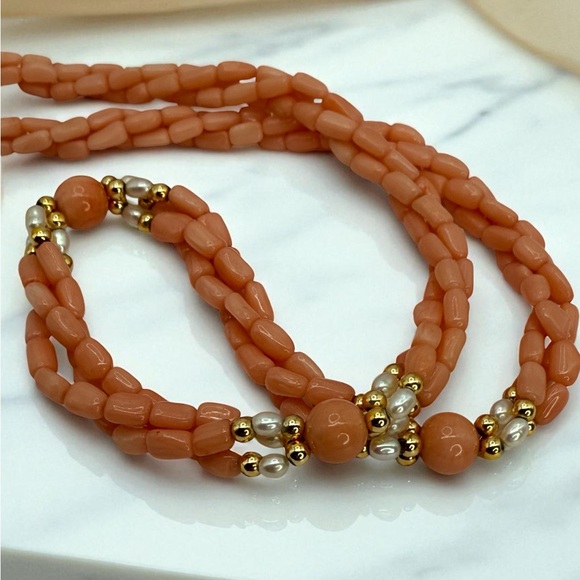 Vintage Angel Skin Coral & Freshwater Pearl 18” 3 Strand Twist Bead Gold Accents - Picture 11 of 17